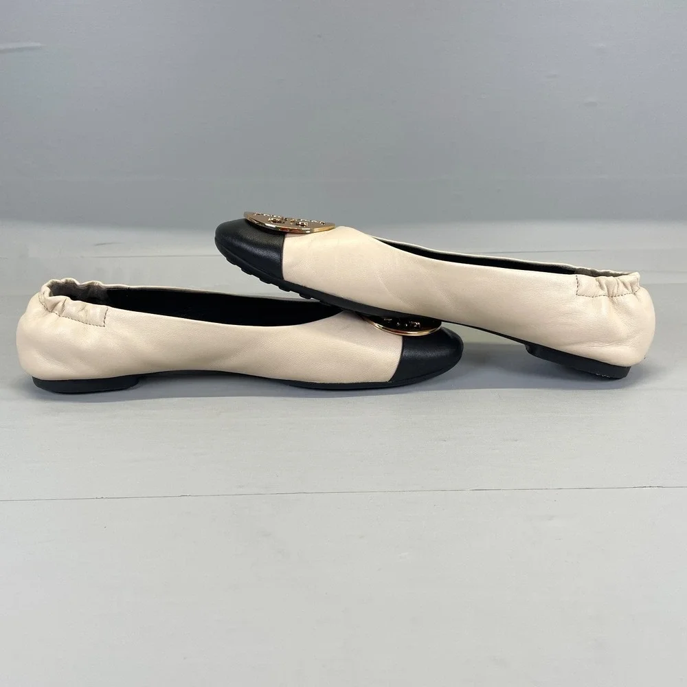 Tory Burch Claire Ballet Flats Womens Size 7.5 Cream Black Leather Cap Toe Shoes